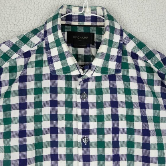 Duchamp Shirt Mens 16  Medium White Green Blue Check Oxford Button Up Casual - Picture 2 of 7